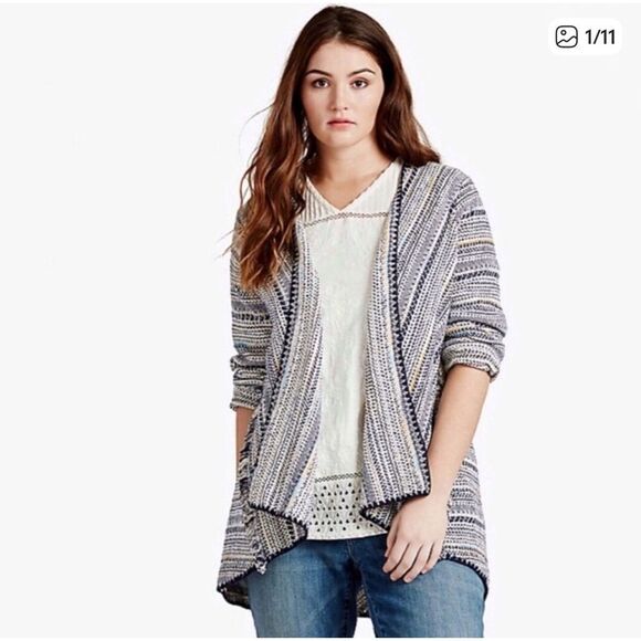 Lucky Brand Pottery Cardigan Large, Open Front with Raw Tassel Hem Trim, Woven - Picture 2 of 11